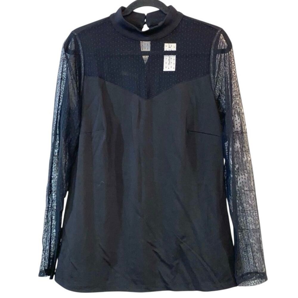 Lane Bryant Black Swiss Dot Mesh Sleeve Blouse Size 10/12 NWT